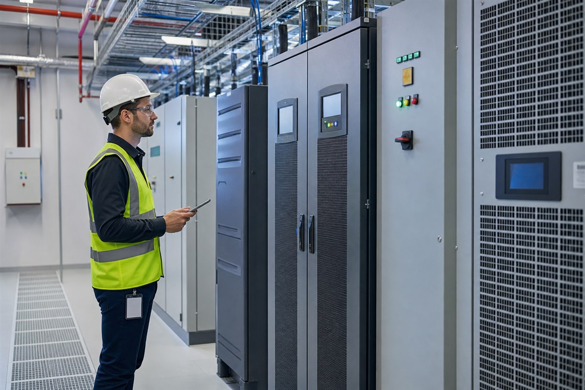 Veri merkezinde sunucu donanımlarını kontrol eden teknik uzman